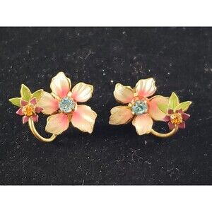Vintage Unsigned Metal Hand Painted Floral and Rhinestone Clip On Earrings
